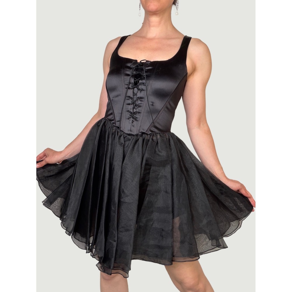 Cache‎ Black Corset Lace Up Mini Dress Satin Organza Fit Flare Small Vintage S